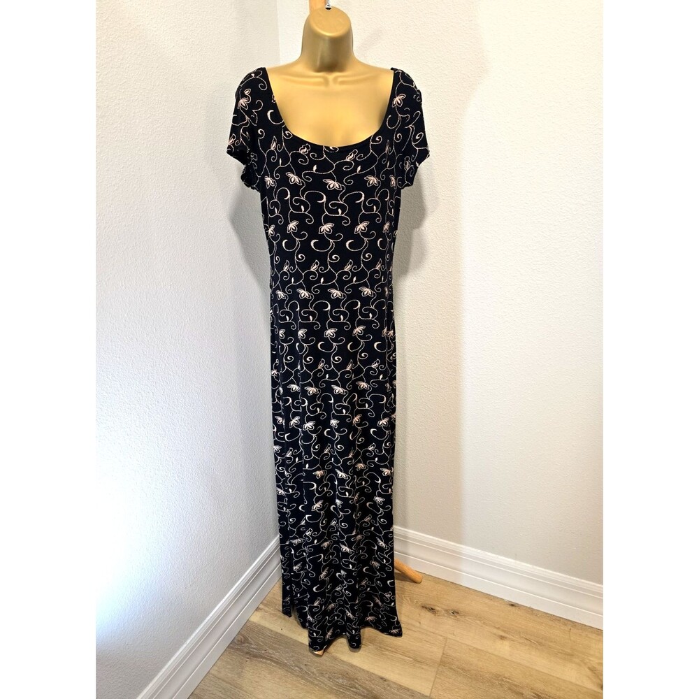 Vintage Jalate Sheath Maxi Floral Dress Med Jersey Stretch Embroidered Black Tan